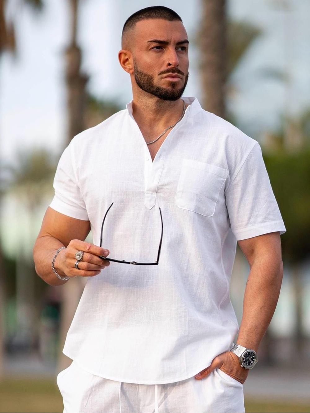 Cotton Linen Henley Shirt Short Sleeve